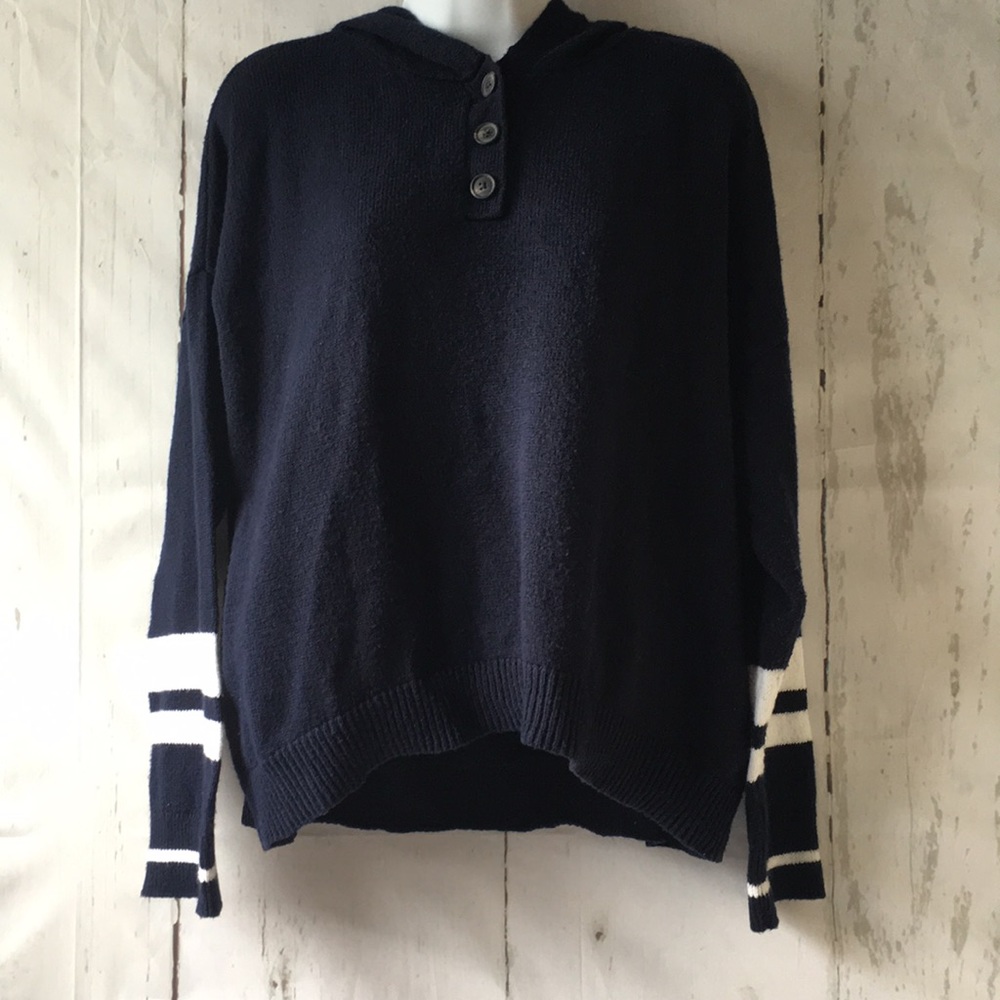 American Eagle Navy Blue Cropped Sweater with Hood White Striped Sleeves Button